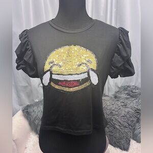 Paris girl sequin Smiley Tee fave with tears of joy s ruffle sleeve crop